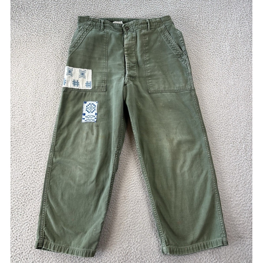 Vintage US Army OG-507 Baker Trousers Womens 34x23 Button Fly Distressed Patched